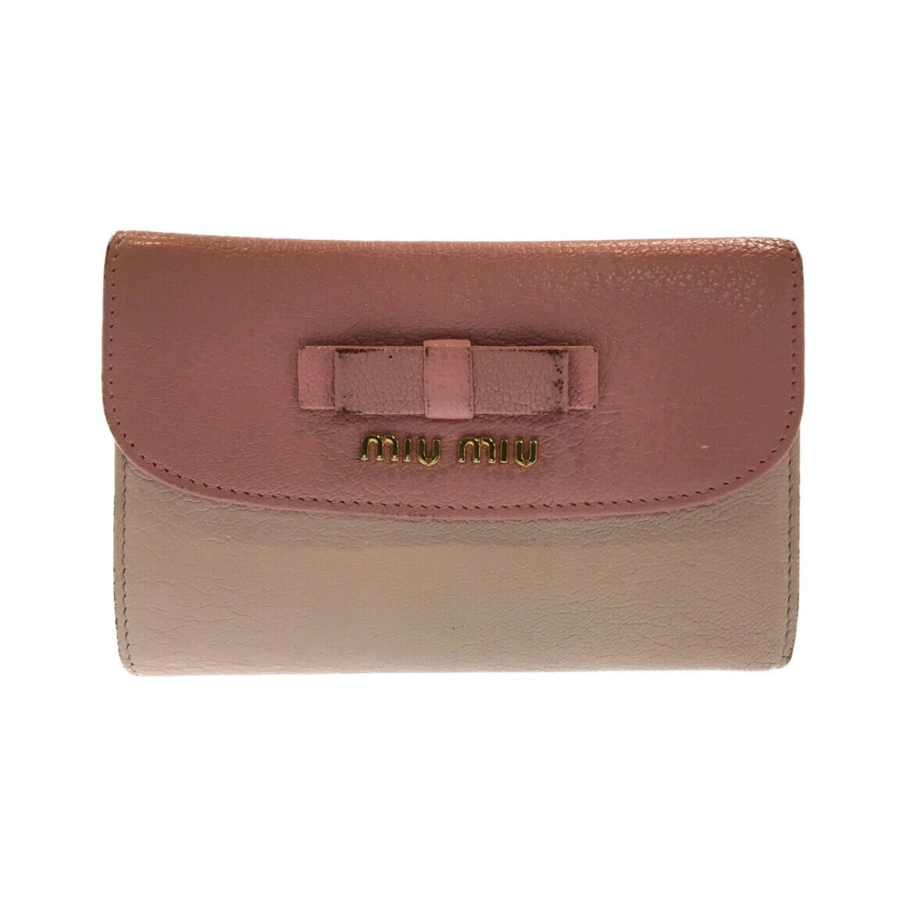 Miu Miu leather wallet front bow logo Beige Pink